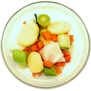 Das Bild zeigt den Gemüsemix Pichelsteiner auf einem flachen Glasteller