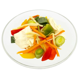 Das Bild zeigt den Gemüsemix Gemüse Pfanne auf einem flachen Glasteller