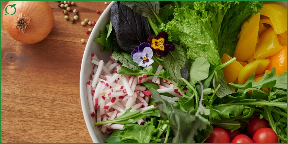 Bild zeigt ein auf der rechten Seite eine Schüssel mit verschiedenen Salaten, Paprika und Tomaten und links eine ganez Zwiebel mit Pfefferkörnern daneben auf einer Holzplatte.